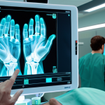 A skilled surgeon in a sterile operating room, wearing surgical gloves, gestures with their hands in the air to seamlessly manipulate floating holographic medical scans (X-rays, MRI). The interface is invisible and intuitive, allowing precise control without touching physical screens or devices. The scene emphasizes futuristic, high-tech healthcare, with soft, ambient lighting and focused attention on the surgeon's hands and the ethereal projections. Professional, clean, and advanced medical technology.