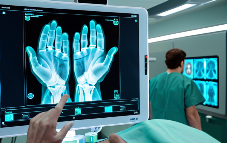 A skilled surgeon in a sterile operating room, wearing surgical gloves, gestures with their hands in the air to seamlessly manipulate floating holographic medical scans (X-rays, MRI). The interface is invisible and intuitive, allowing precise control without touching physical screens or devices. The scene emphasizes futuristic, high-tech healthcare, with soft, ambient lighting and focused attention on the surgeon's hands and the ethereal projections. Professional, clean, and advanced medical technology.