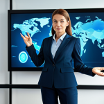 **

A professional businesswoman in a modest business suit, using hand gestures to control a holographic display in a modern office. Fully clothed, appropriate attire, safe for work. Perfect anatomy, correct proportions, well-formed hands, natural body proportions, natural pose. High quality, professional photography, family-friendly.

**