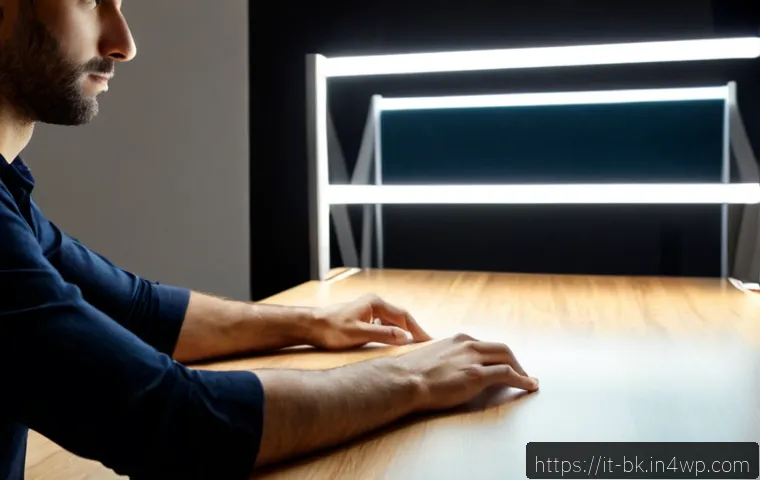 제스처 기반 인터페이스의 유연한 설계 원칙 - Photorealistic modern Milan home office, Italian product designer seated at a clean wooden desk test...